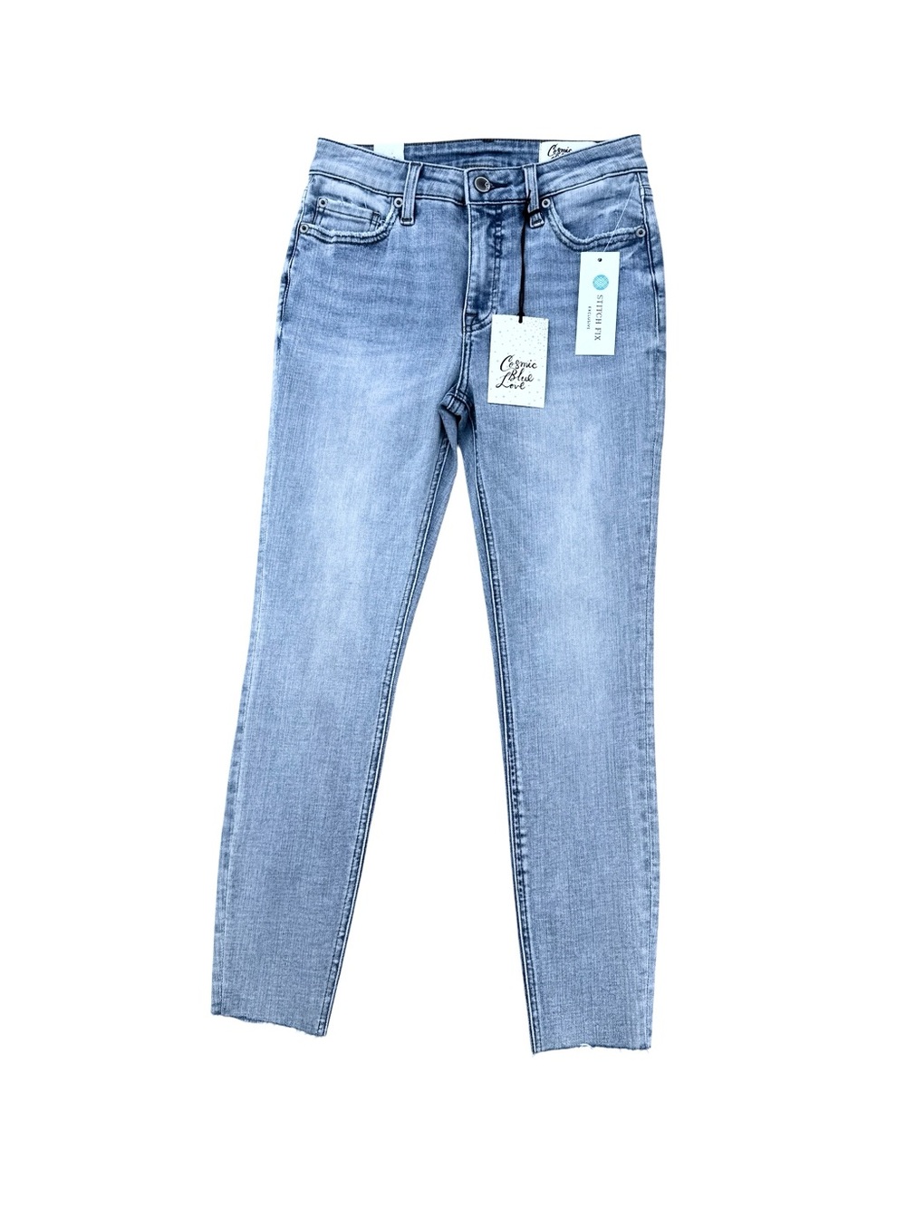 Cosmic Blue Love Skinny Jeans Raw Hems Stretch Denim Light Blue Size 27P